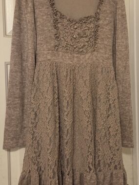 Ryu Lace Panel Long Sleeve Knit Dress - Taupe